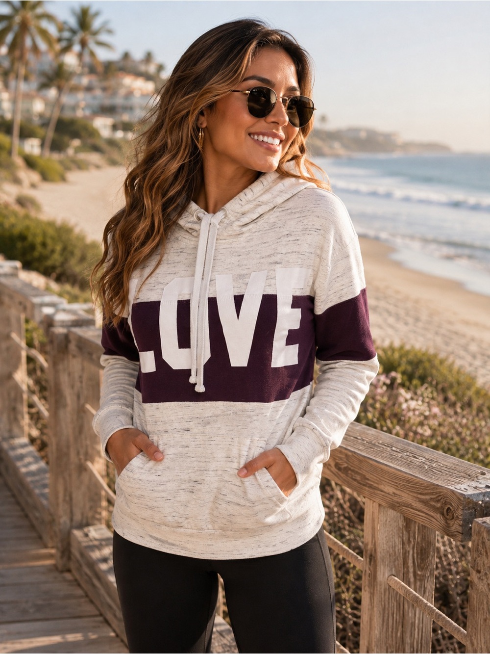 Reflex Large LOVE Colorblock Cowl Neck Pullover Hoodie Gray Plum